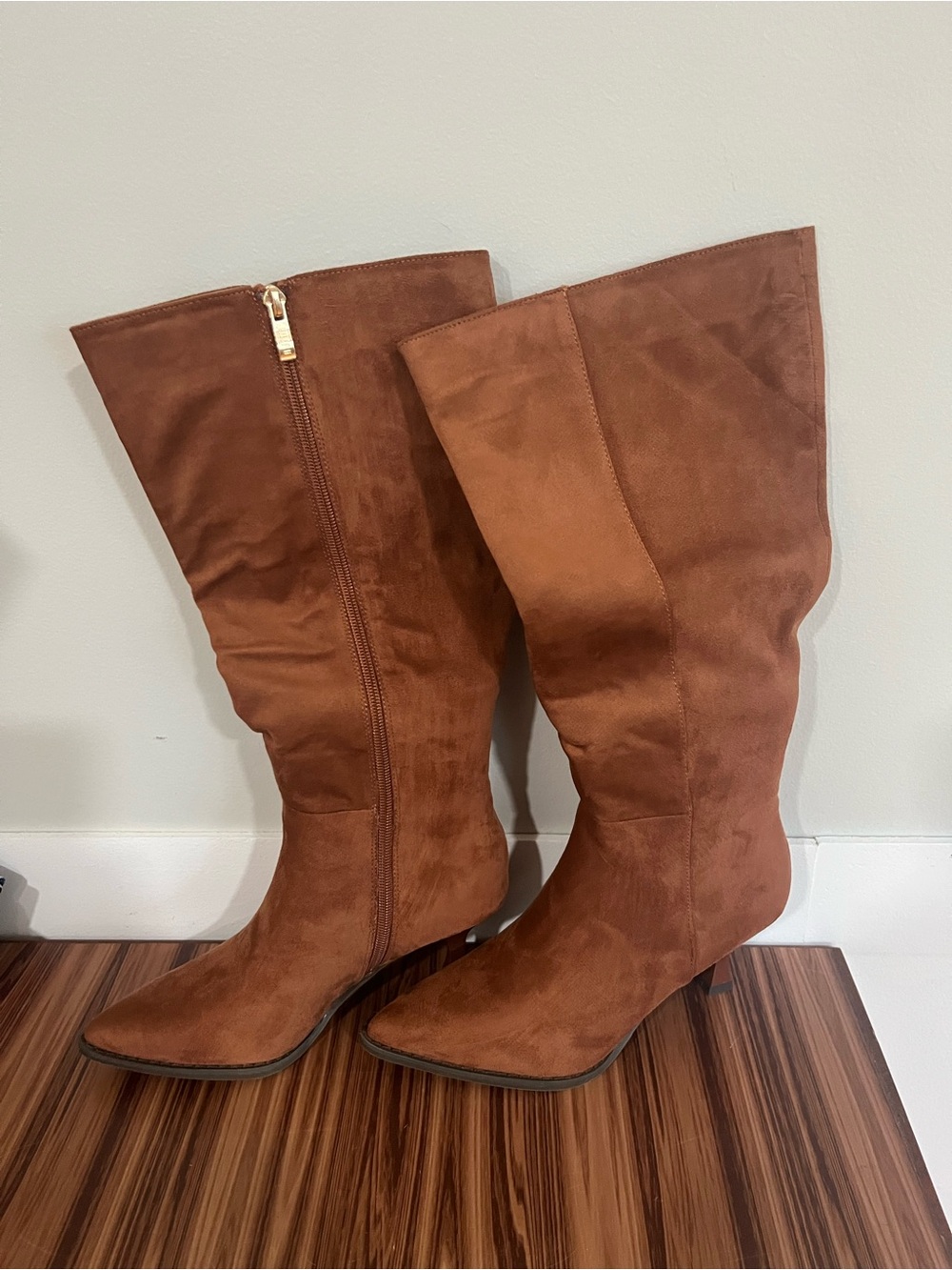 IDIFU Tall Suede Mid-Heel Boots in Chestnut Brown